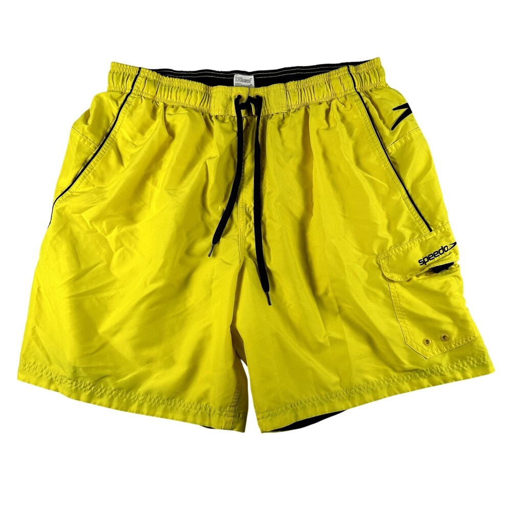 Speedo Swim Trunks Mens XL Yellow Mesh Lined Cargo Pockets Elastic Waist